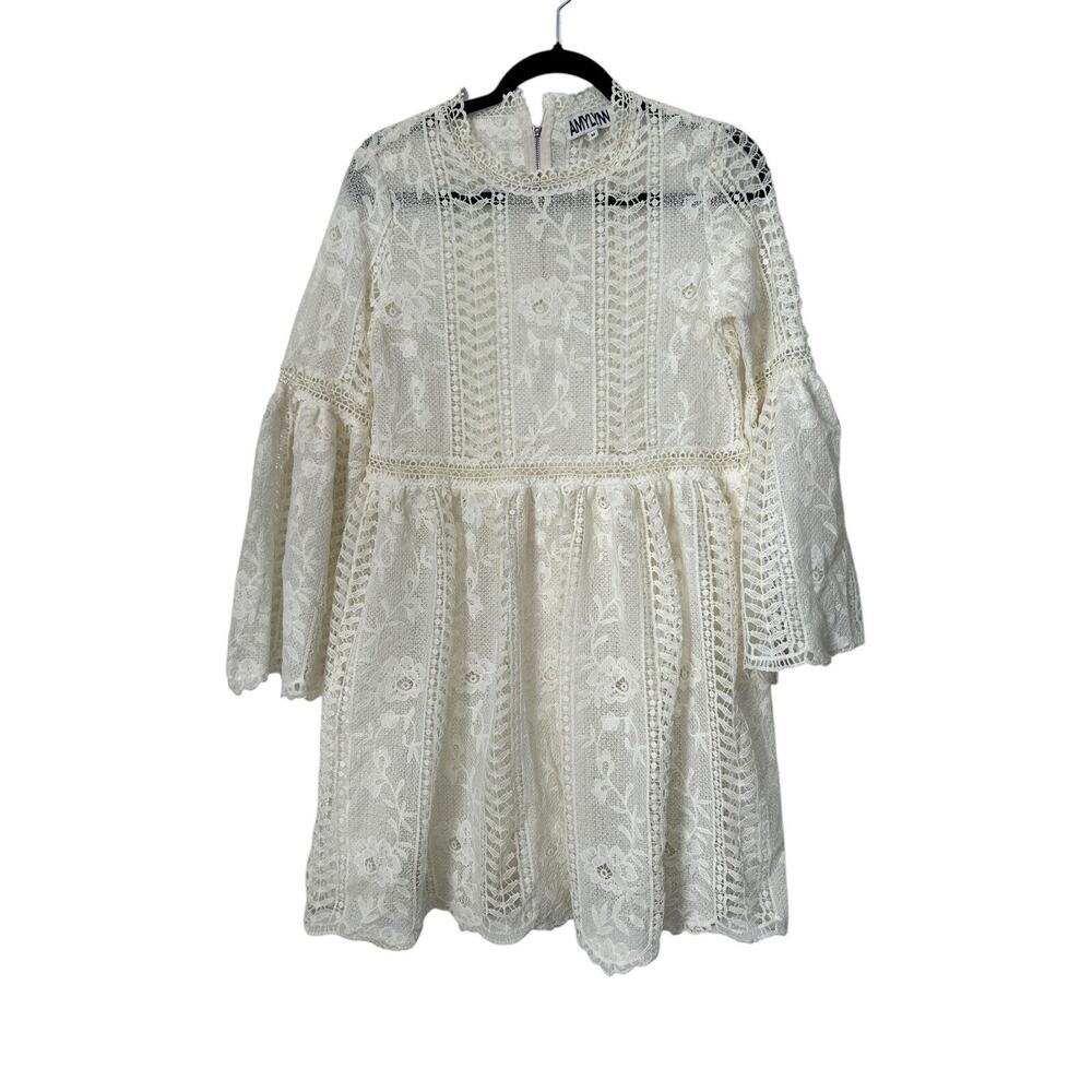 Amylynn Dress Size M White‎ Floral Crochet Lace Unlined High Neck Flared Sleeve